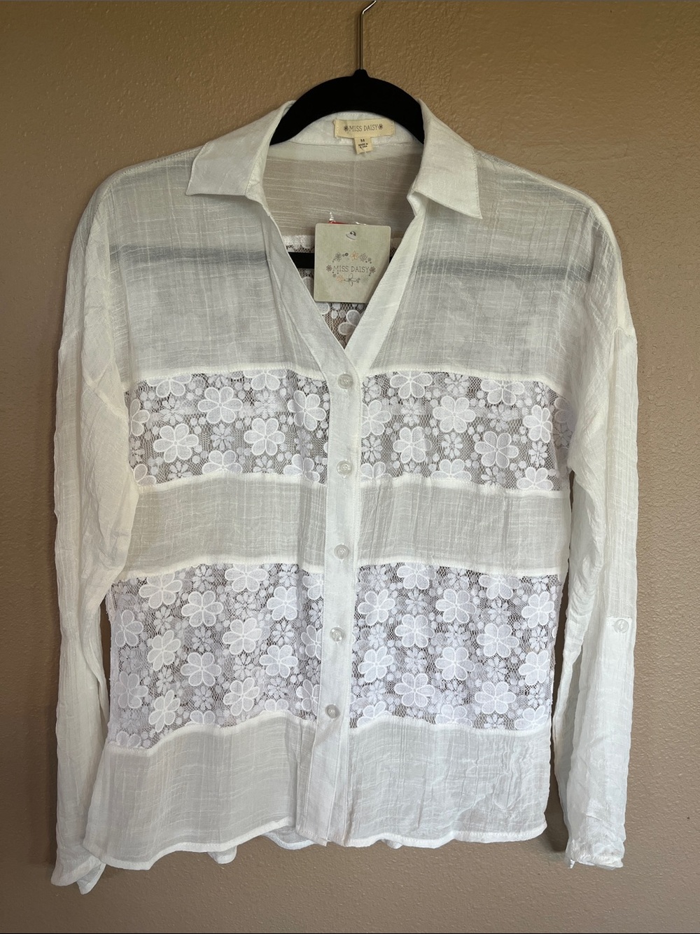 Ladies Sheer White Daisy Lace Panel Button-Front Blouse